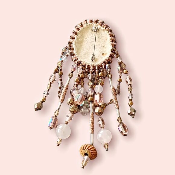 Vintage Pink Agate gold Swarovski Crystal hand beaded festoon style 5”x 2” pin - Picture 10 of 13